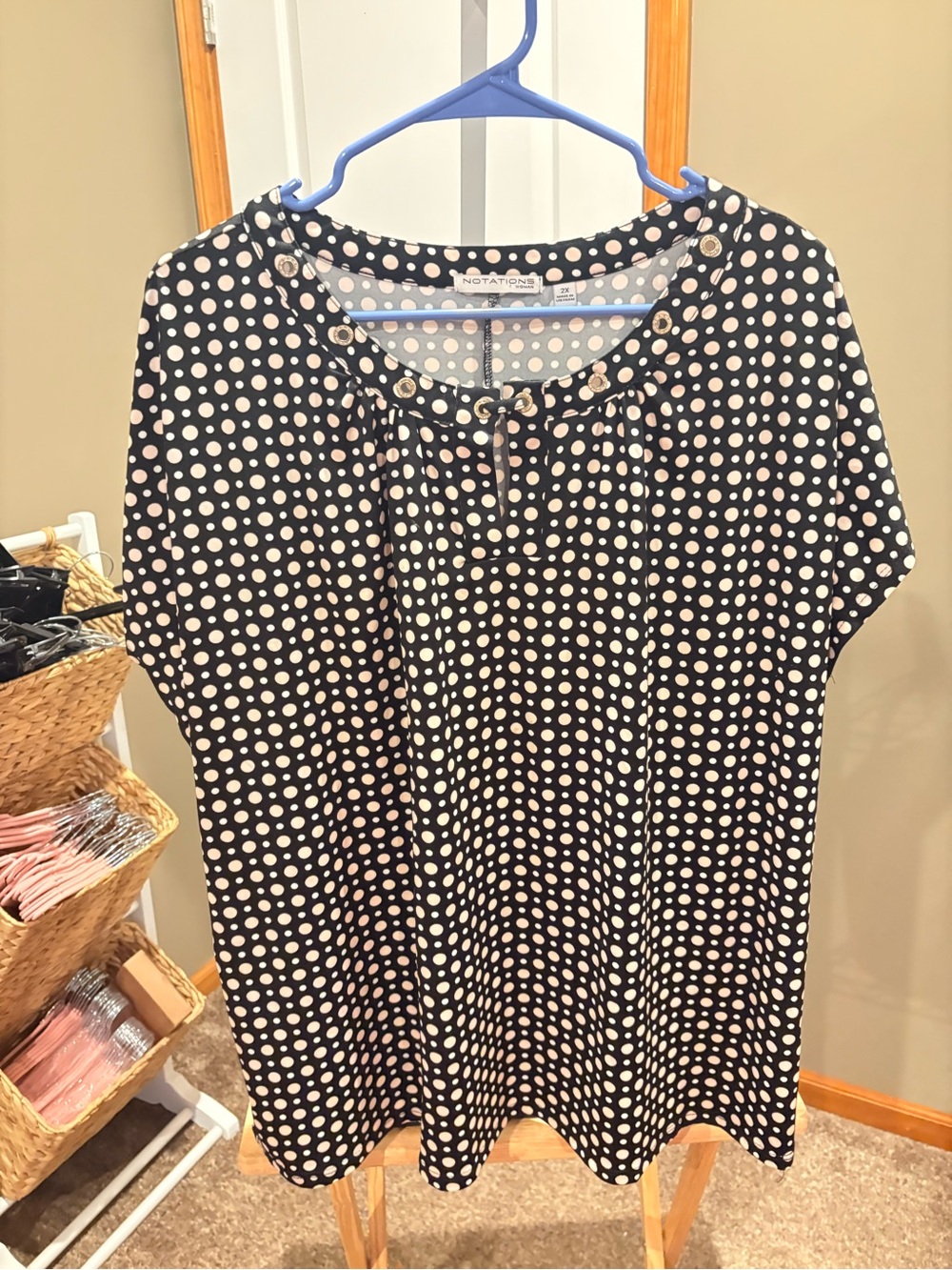 Notations Black and Pink Polka Dot short sleeves Blouse